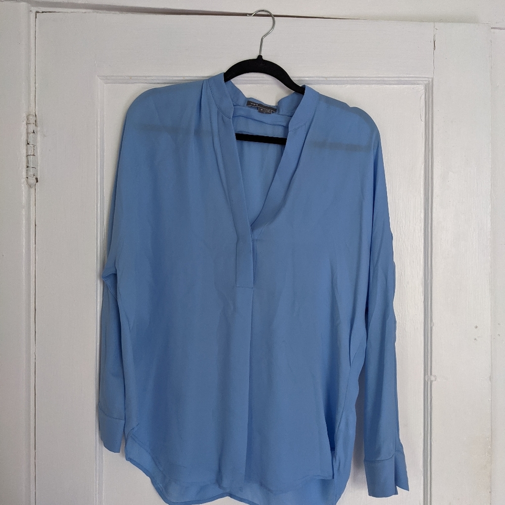 Vince 100% Silk Band Collar Long Sleeve Blouse